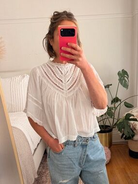 Free People White Lace Yoke Flutter Sleeve Top